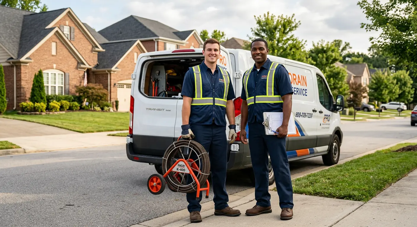 Sewer and drain service team with equipment ready for work in Cold Springs