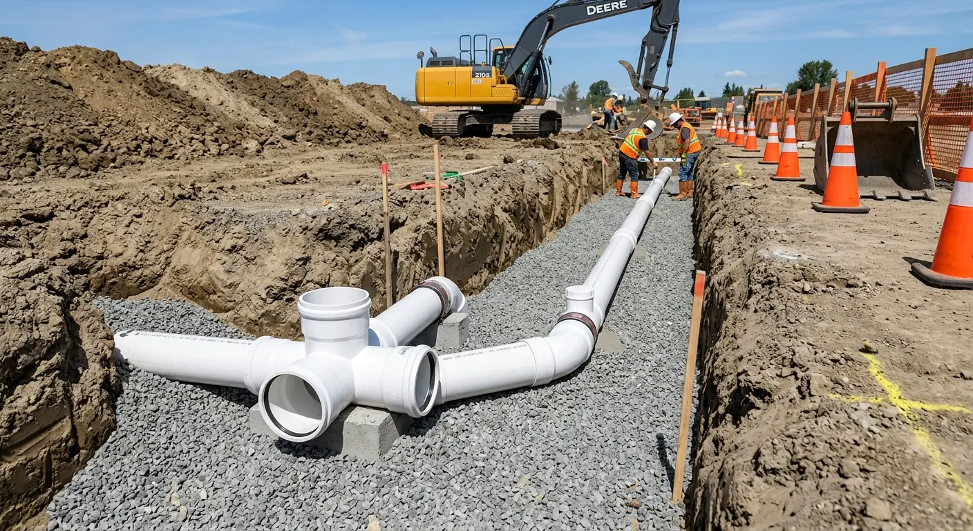 New PVC sewer pipe installation in open trench for Commercial Drain Cleaning in Cold Springs