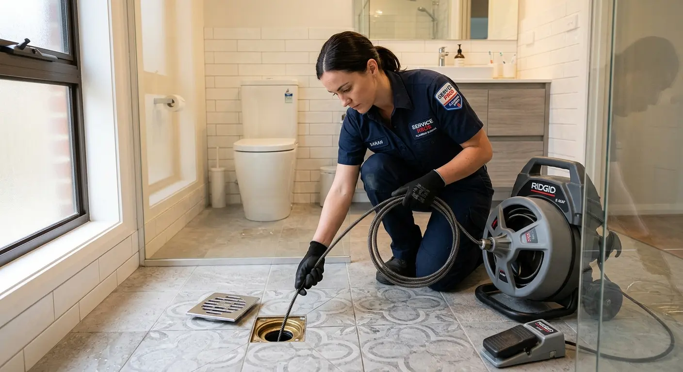 Technician clearing a bathroom floor drain for Drain Cleaning in Cold Springs